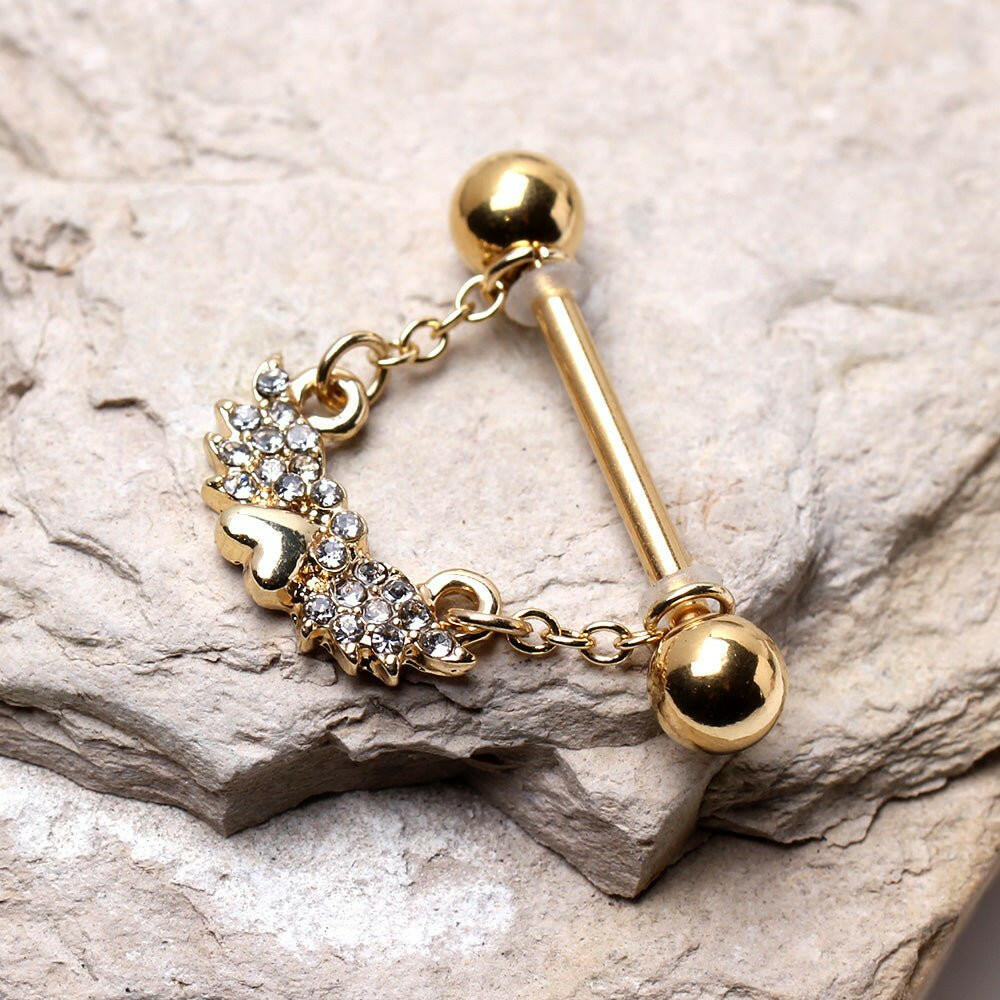 Gold Plated Jeweled Winged Heart Nipple Ring Nipple Ring Impulse Piercings