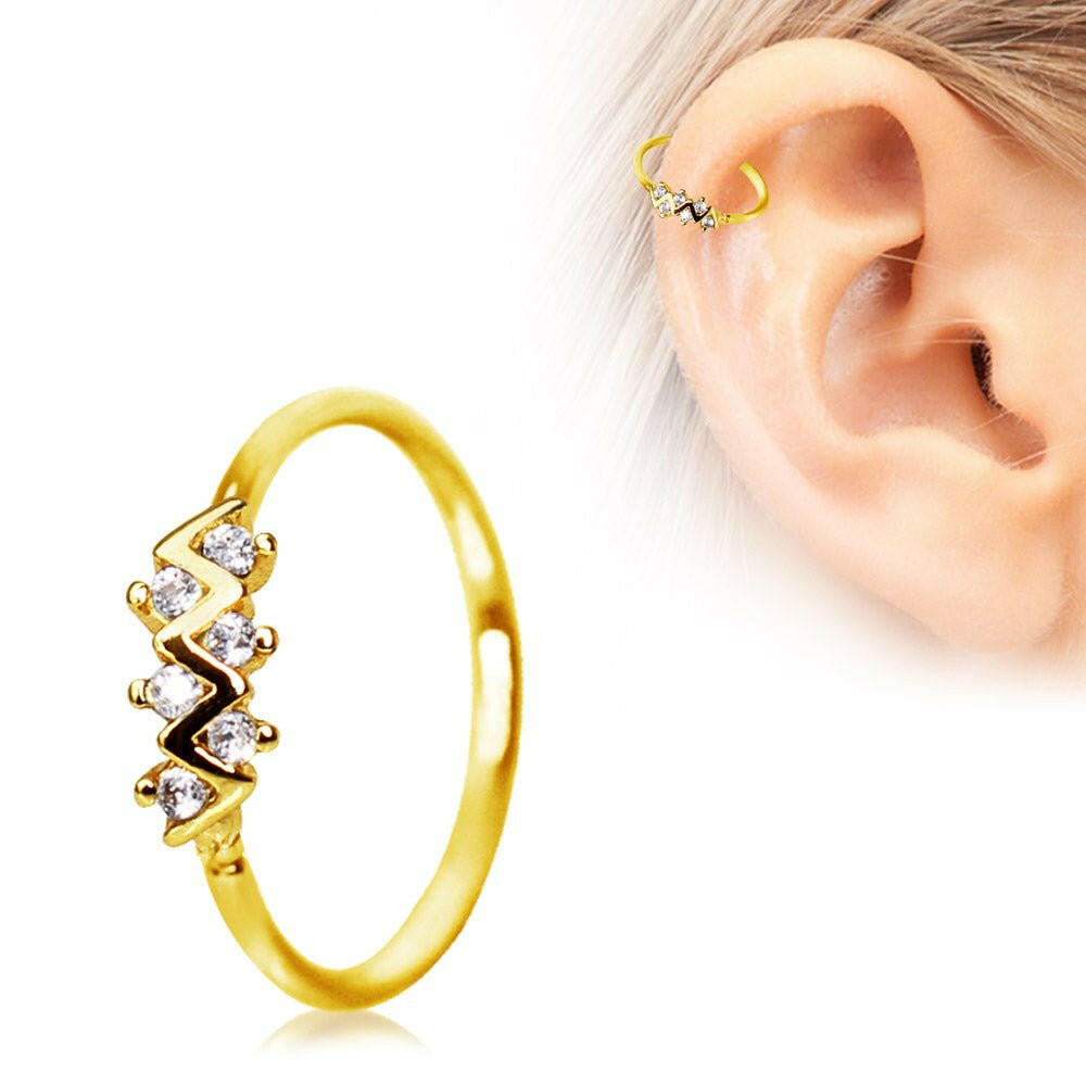 Gold Plated Jeweled Zig-Zag Cartilage Earring / Nose Hoop Ring Nose Ring Impulse Piercings