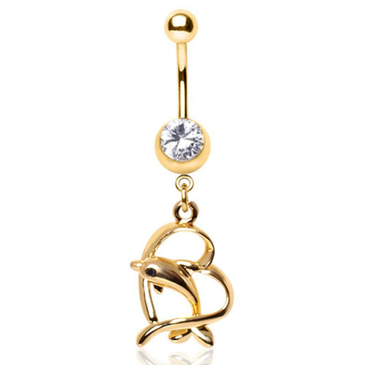 Gold Plated Leaping Dolphin and Heart Dangle Navel Ring Navel Ring Impulse Piercings