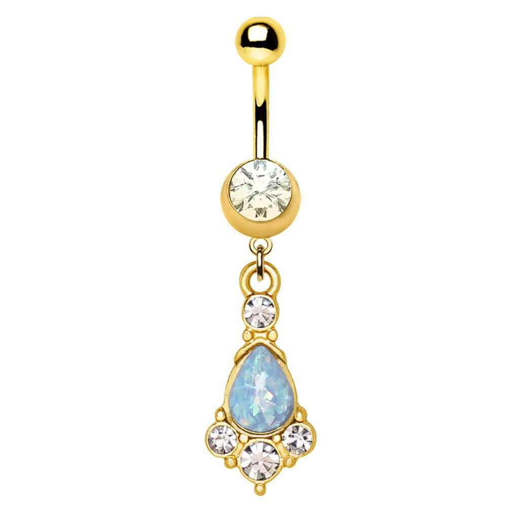 Gold Plated Light Blue Tear Drop Synthetic Opal Dangle Navel Ring Navel Ring Impulse Piercings