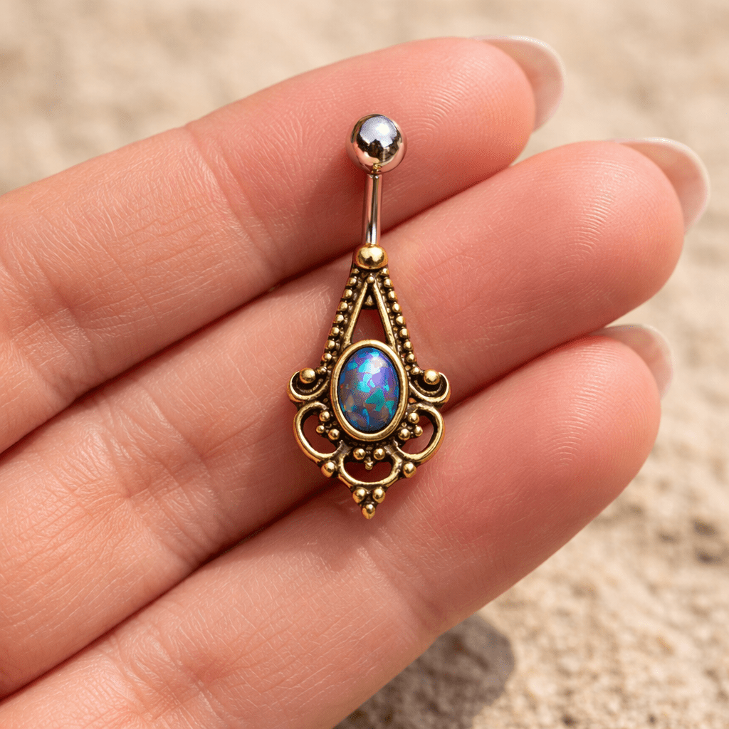 Gold Plated Medieval Style Navel Ring with Synthetic Opal Navel Ring Skin Metals