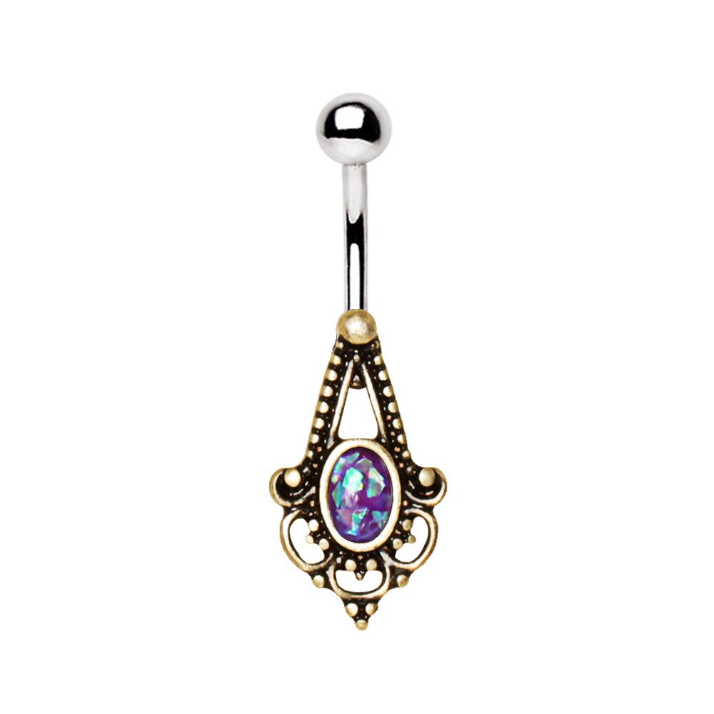 Gold Plated Medieval Style Navel Ring with Synthetic Opal - Skin Metals