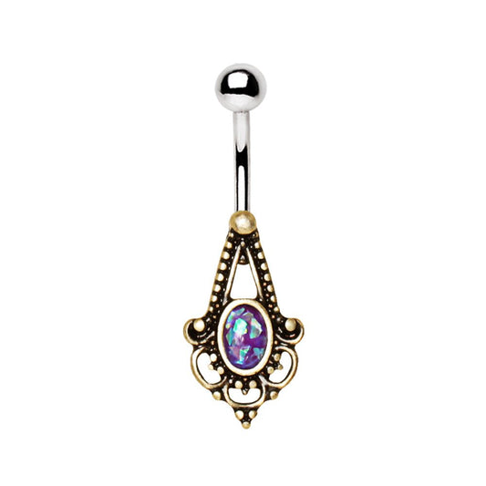 Gold Plated Medieval Style Navel Ring with Synthetic Opal - Skin Metals