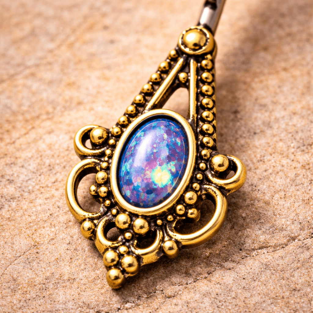 Gold Plated Medieval Style Navel Ring with Synthetic Opal Navel Ring Skin Metals