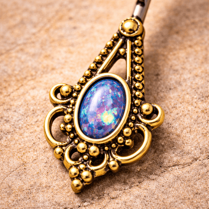 Gold Plated Medieval Style Navel Ring with Synthetic Opal Navel Ring Skin Metals