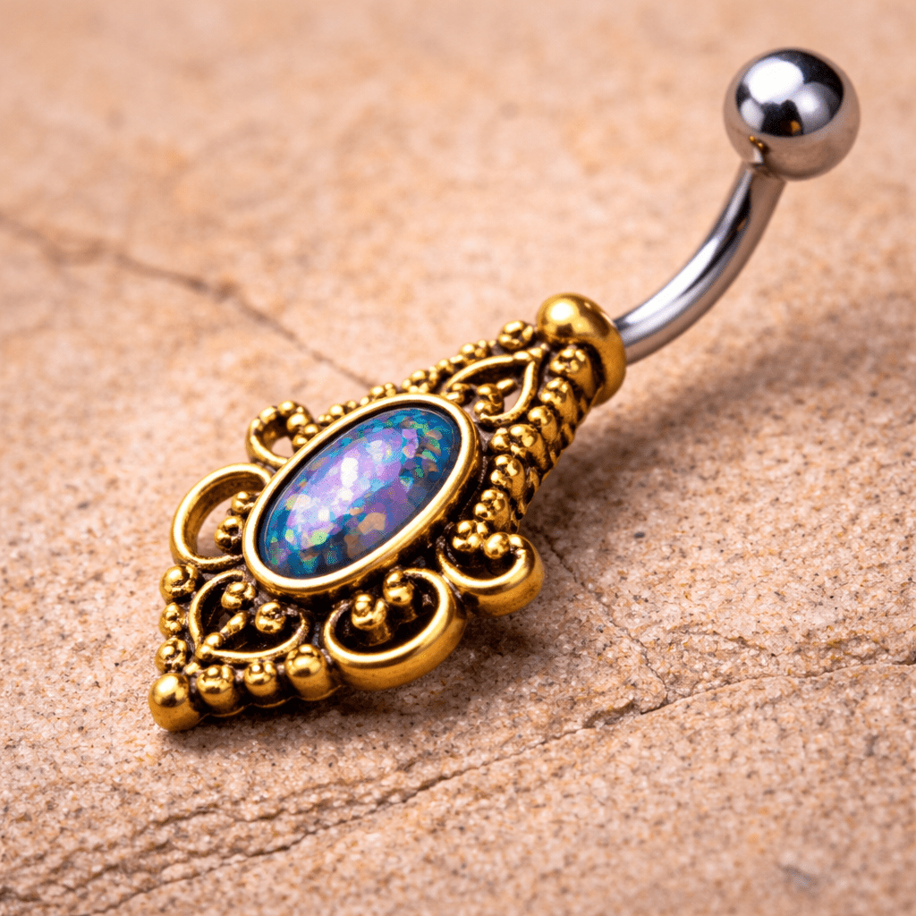 Gold Plated Medieval Style Navel Ring with Synthetic Opal Navel Ring Skin Metals