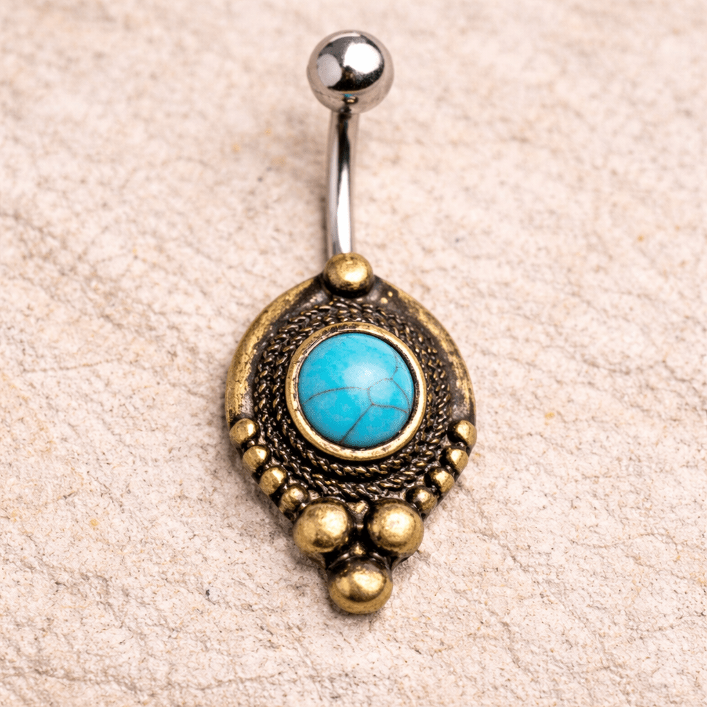 Gold Plated Medieval Style Navel Ring with Turquoise Stone Navel Ring Skin Metals