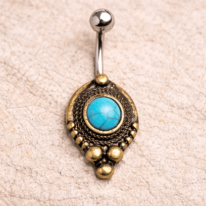 Gold Plated Medieval Style Navel Ring with Turquoise Stone Navel Ring Skin Metals