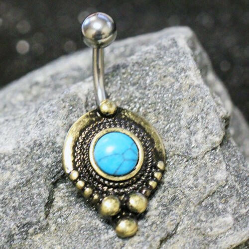 Gold Plated Medieval Style Navel Ring with Turquoise Stone Navel Ring Impulse Piercings