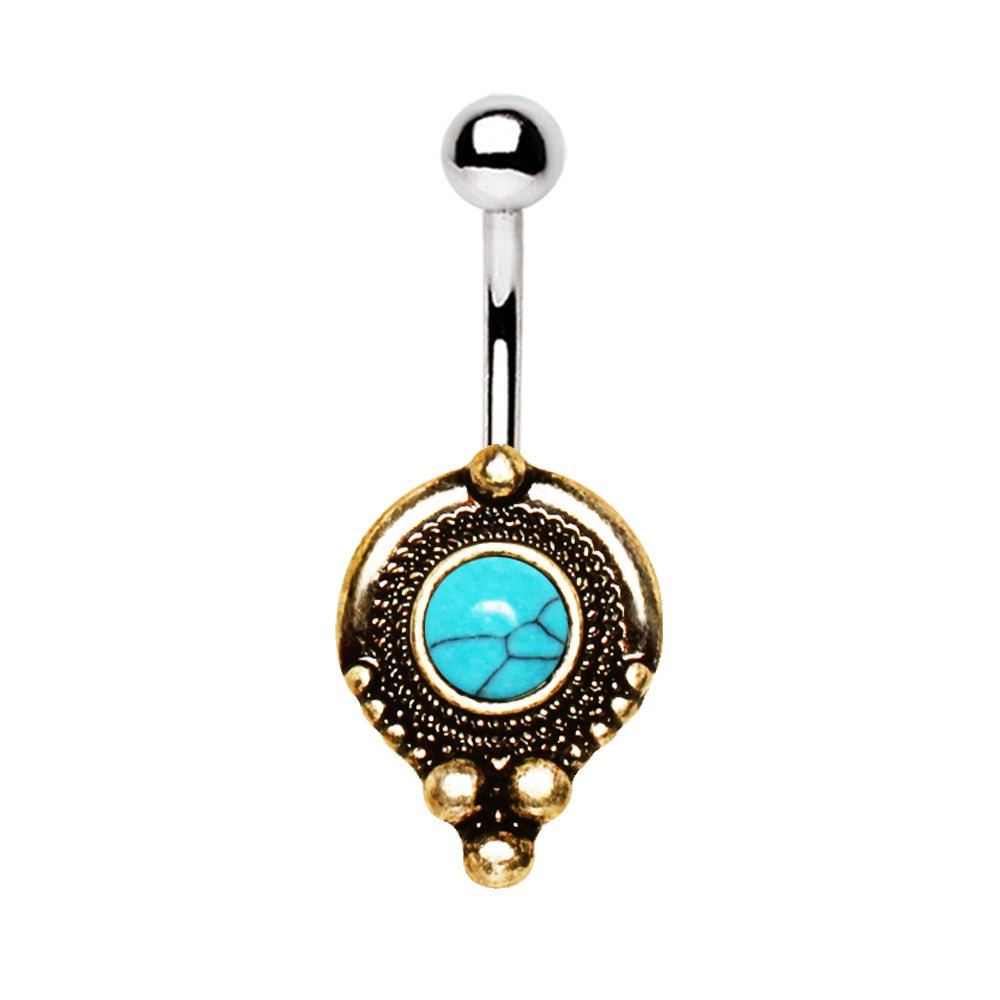 Gold Plated Medieval Style Navel Ring with Turquoise Stone - Skin Metals