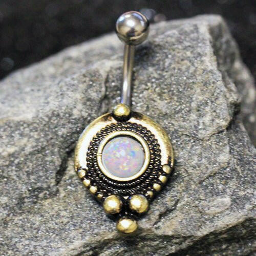 Gold Plated Medieval Style Navel Ring with White Synthetic Opal Navel Ring Impulse Piercings