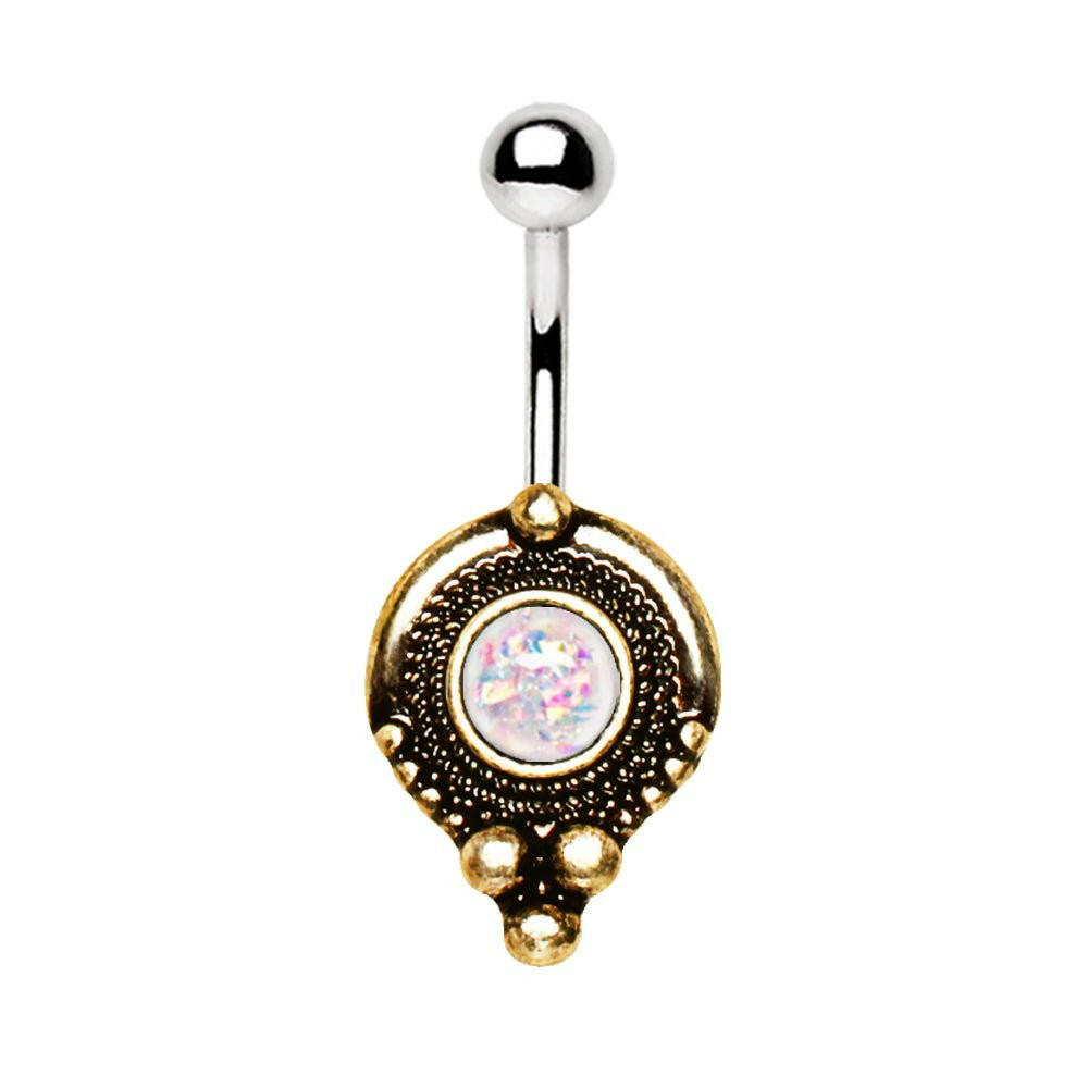 Gold Plated Medieval Style Navel Ring with White Synthetic Opal Navel Ring Impulse Piercings