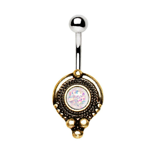 Gold Plated Medieval Style Navel Ring with White Synthetic Opal Navel Ring Impulse Piercings