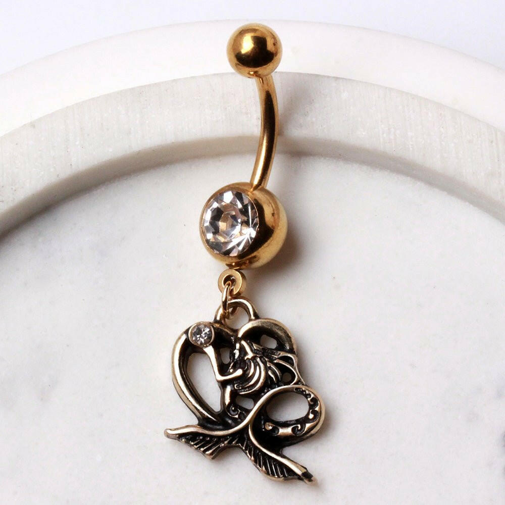 Gold Plated Mermaid Heart Dangle Navel Ring Navel Ring Impulse Piercings