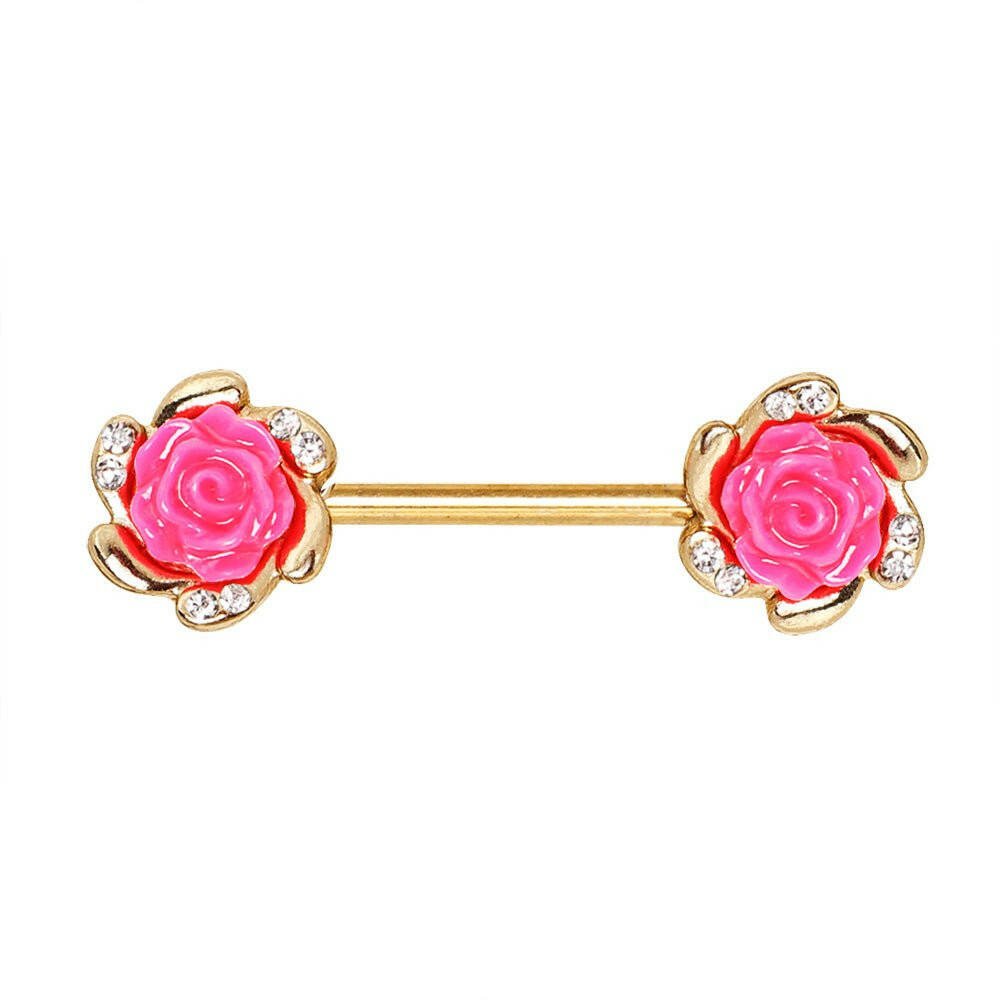 Gold Plated Multi-Clear CZ Pink Rose Nipple Bar Nipple Ring Impulse Piercings