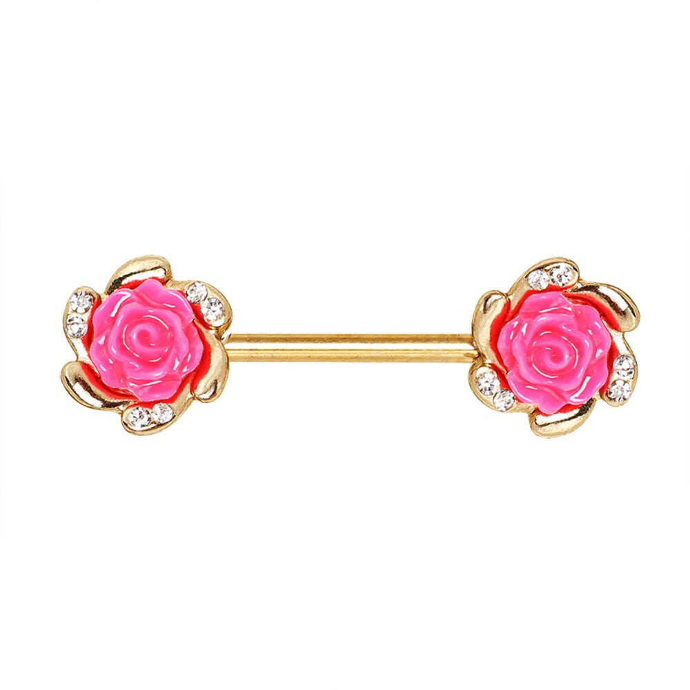 Gold Plated Multi-Clear CZ Pink Rose Nipple Bar Nipple Ring Impulse Piercings