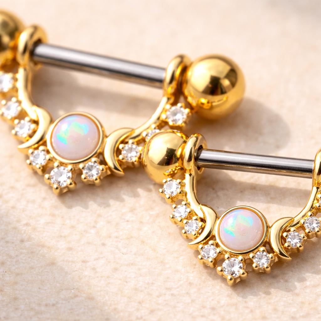 Gold Plated Multi Jeweled Moon and Stars Nipple Shield - Skin Metals