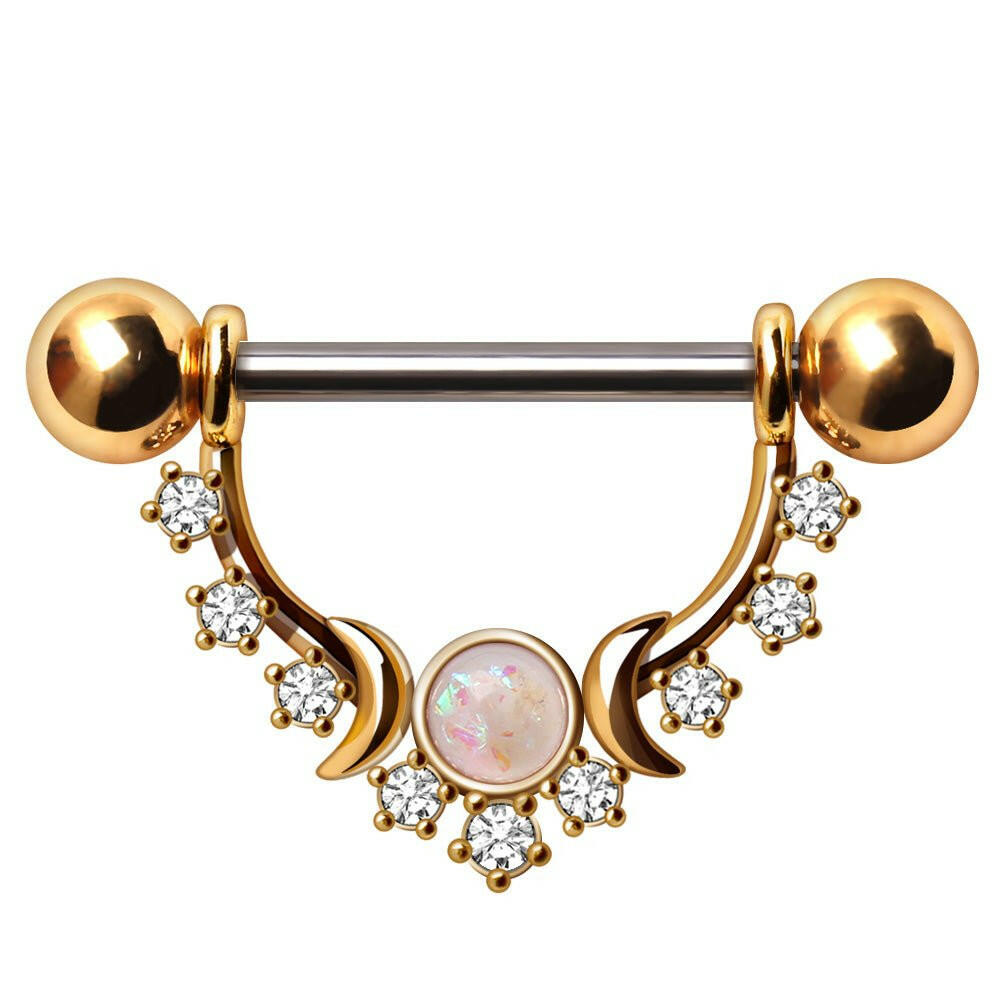 Gold Plated Multi Jeweled Moon and Stars Nipple Shield Nipple Ring Impulse Piercings