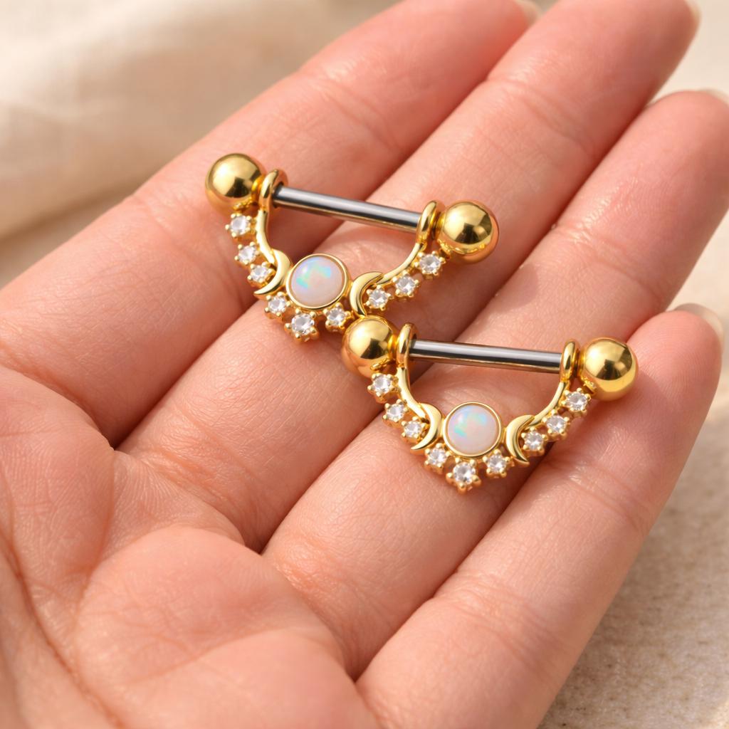 Gold Plated Multi Jeweled Moon and Stars Nipple Shield - Skin Metals