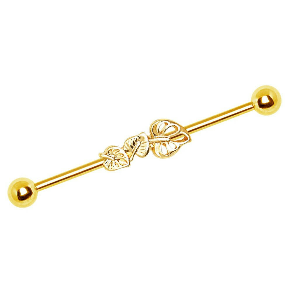 Gold Plated Multiple Shaped Leaves Industrial Barbell Industrial Barbell Impulse Piercings