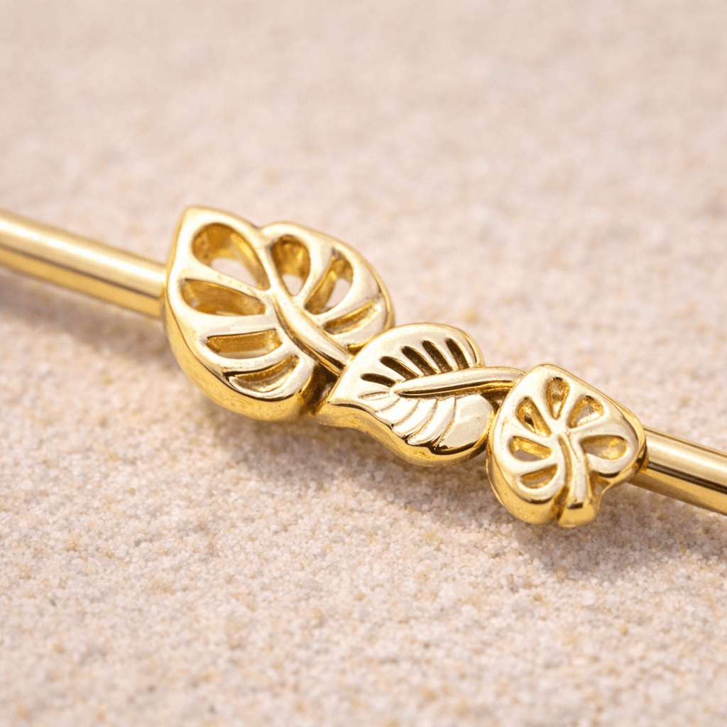 Gold Plated Multiple Shaped Leaves Industrial Barbell Industrial Barbell Impulse Piercings
