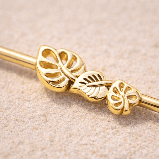 Gold Plated Multiple Shaped Leaves Industrial Barbell Industrial Barbell Impulse Piercings