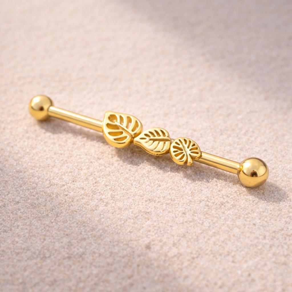 Gold Plated Multiple Shaped Leaves Industrial Barbell Industrial Barbell Impulse Piercings