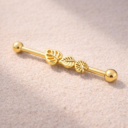Gold Plated Multiple Shaped Leaves Industrial Barbell Industrial Barbell Impulse Piercings