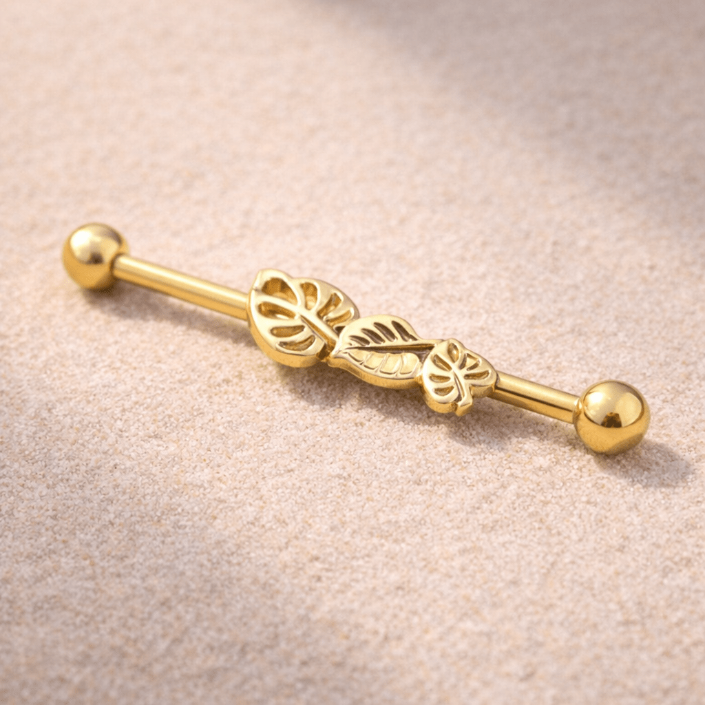 Gold Plated Multiple Shaped Leaves Industrial Barbell Industrial Barbell Impulse Piercings