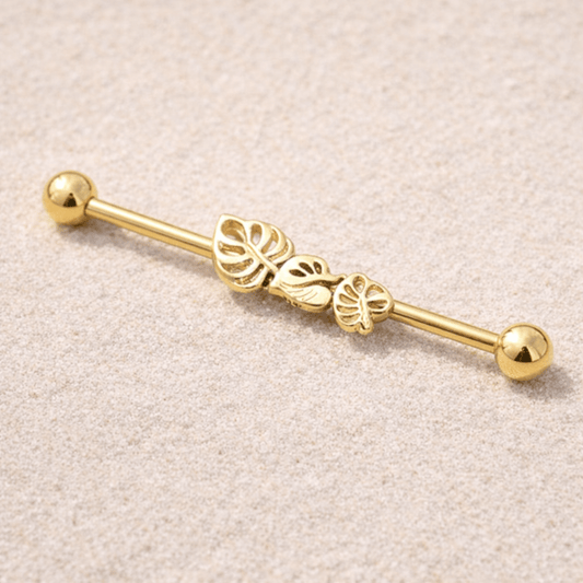 Gold Plated Multiple Shaped Leaves Industrial Barbell Industrial Barbell Impulse Piercings