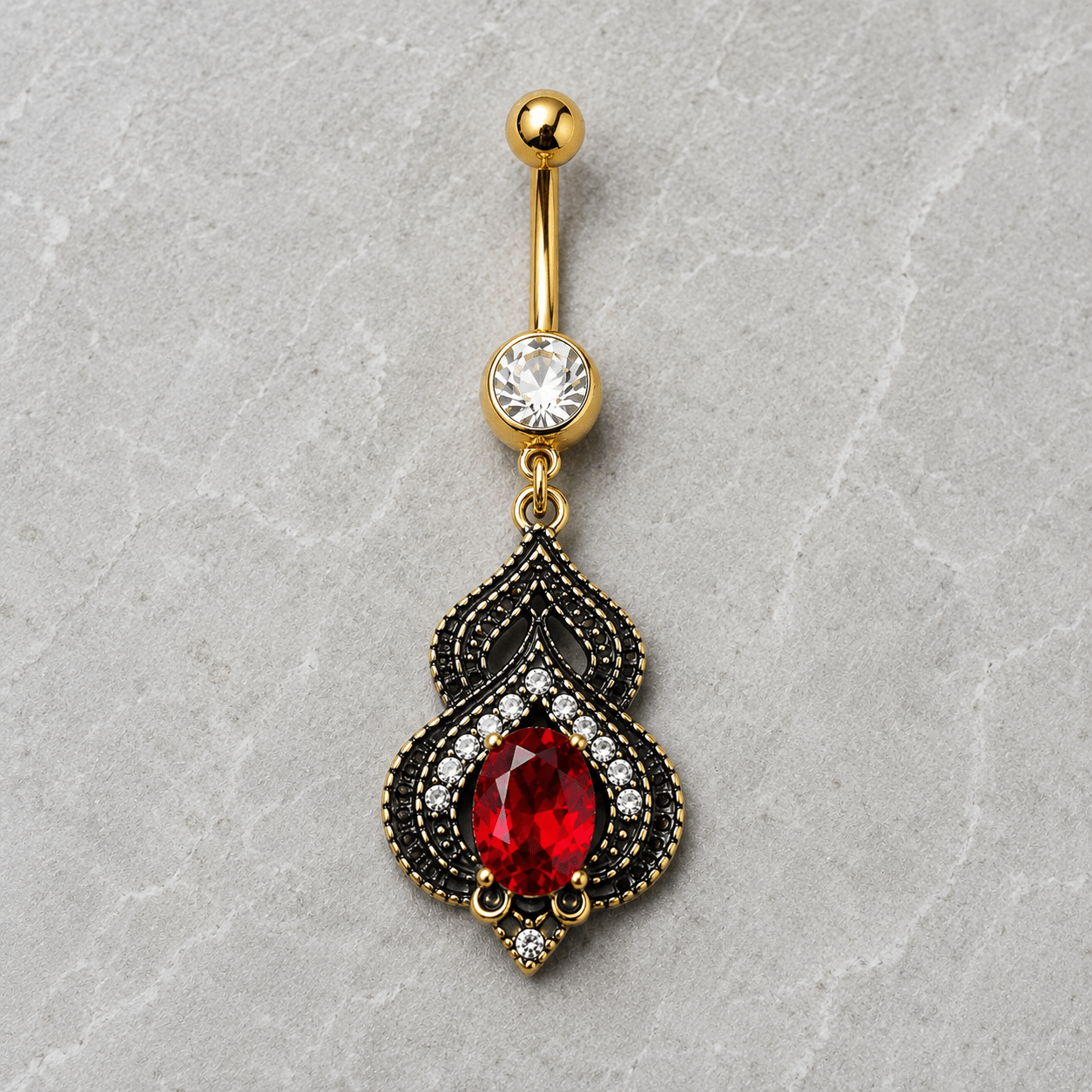 Gold Plated Ornate Arabesque Jewel Navel Ring, front view