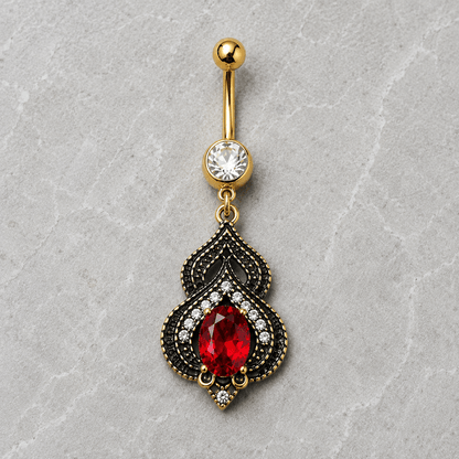 Gold Plated Ornate Arabesque Jewel Navel Ring, front view