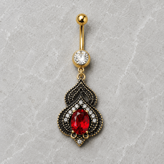 Gold Plated Ornate Arabesque Jewel Navel Ring, front view