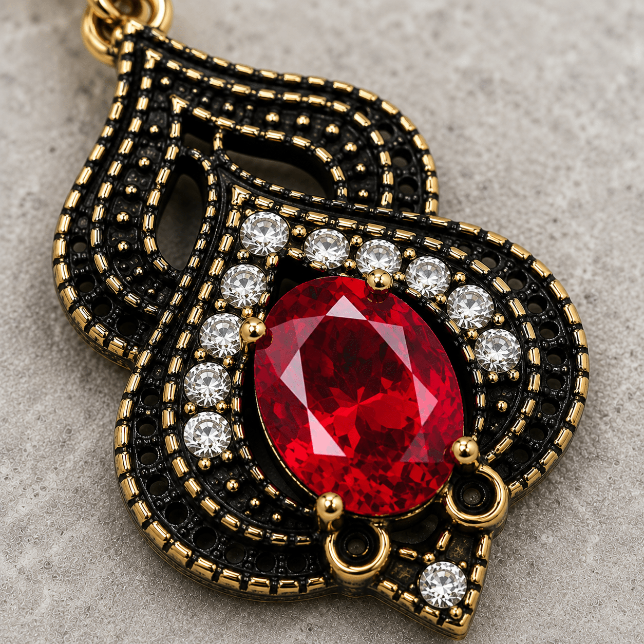 Gold Plated Ornate Arabesque Jewel Navel Ring, red and clear CZ detail