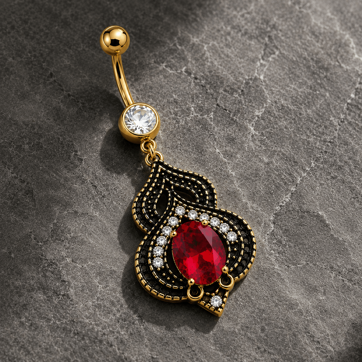 Gold Plated Ornate Arabesque Jewel Navel Ring - Skin Metals