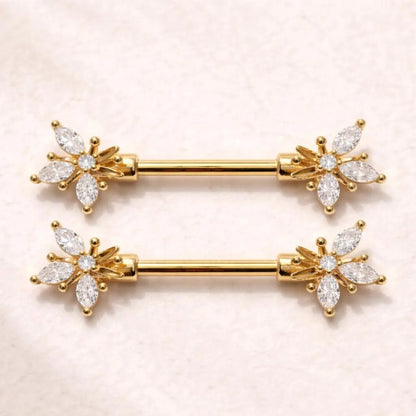 Gold Plated Ornate Flower Nipple Bar Nipple Rings Skin Metals