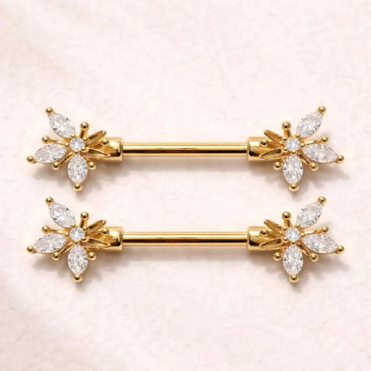 Gold Plated Ornate Flower Nipple Bar Nipple Rings Skin Metals