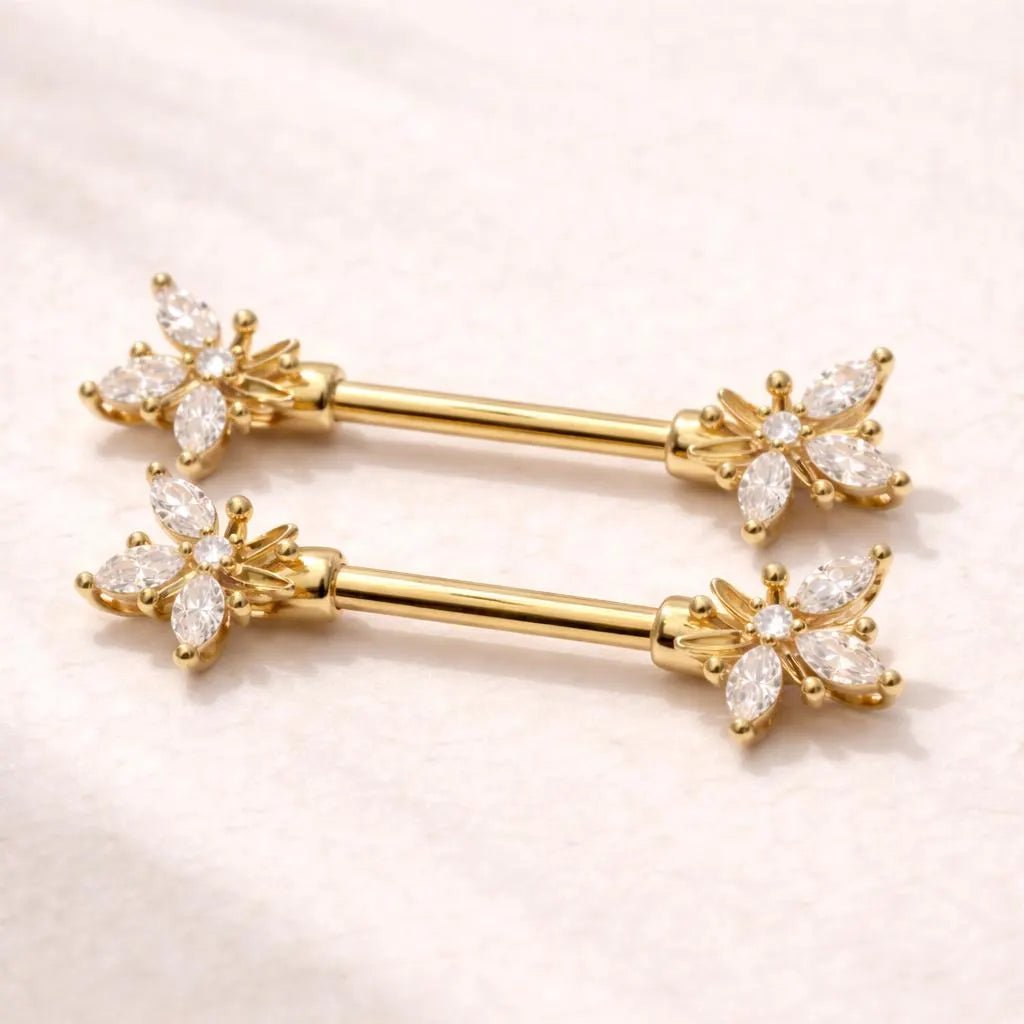 Gold Plated Ornate Flower Nipple Bar Nipple Rings Skin Metals