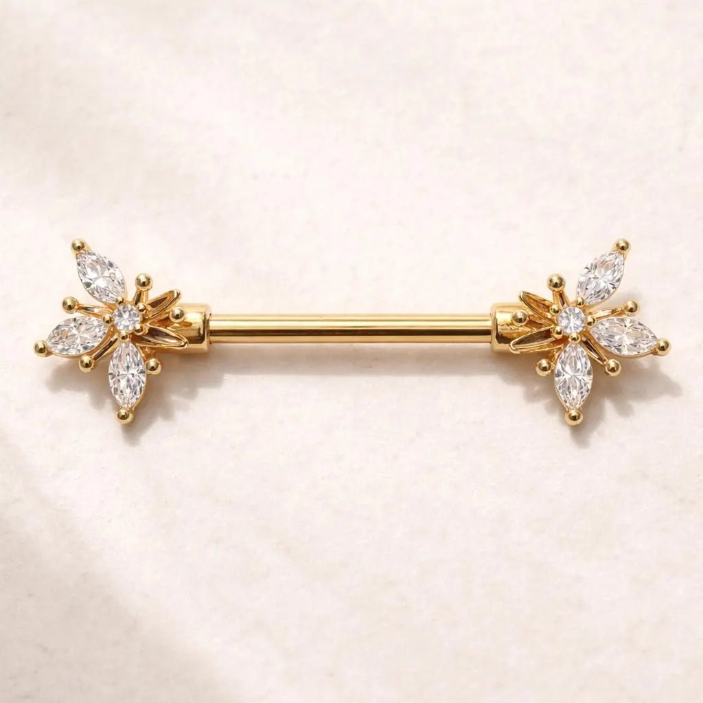 Gold Plated Ornate Flower Nipple Bar Nipple Rings Skin Metals