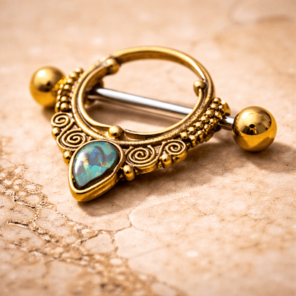 Gold Plated Ornate Nipple Shield with Tear Drop Abalone Nipple Ring Skin Metals