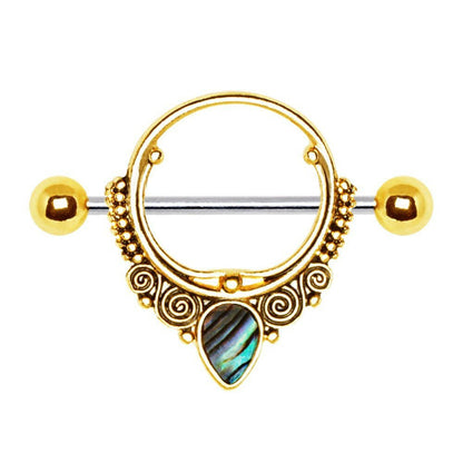 Gold Plated Ornate Nipple Shield with Tear Drop Abalone Nipple Ring Skin Metals