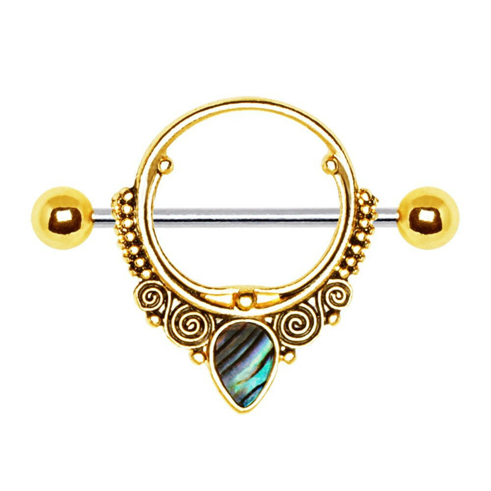 Gold Plated Ornate Nipple Shield with Tear Drop Abalone Nipple Ring Impulse Piercings