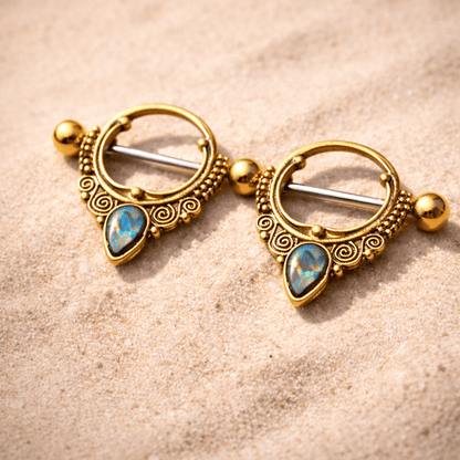 Gold Plated Ornate Nipple Shield with Tear Drop Abalone Nipple Ring Skin Metals