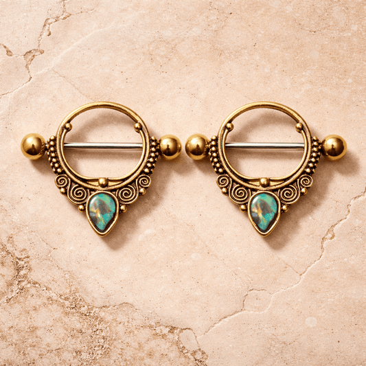 Gold Plated Ornate Nipple Shield with Tear Drop Abalone Nipple Ring Skin Metals