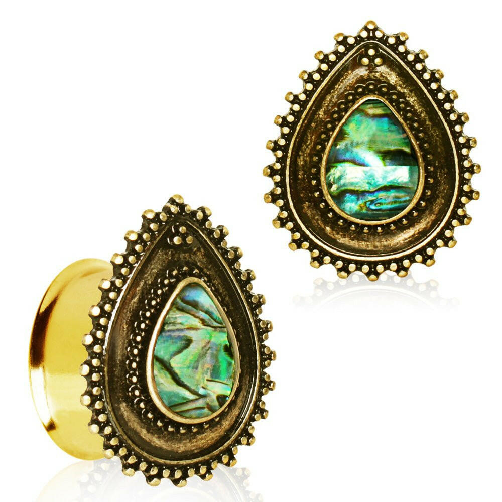 Gold Plated Ornate Teardrop Plugs with Abalone Inlay Plugs Impulse Piercings 2 gauge (6mm)