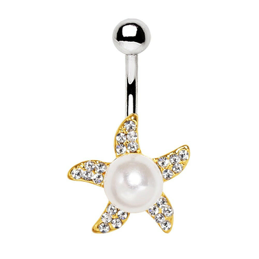 Gold Plated Pearl Accent Starfish Navel Ring Navel Ring Impulse Piercings