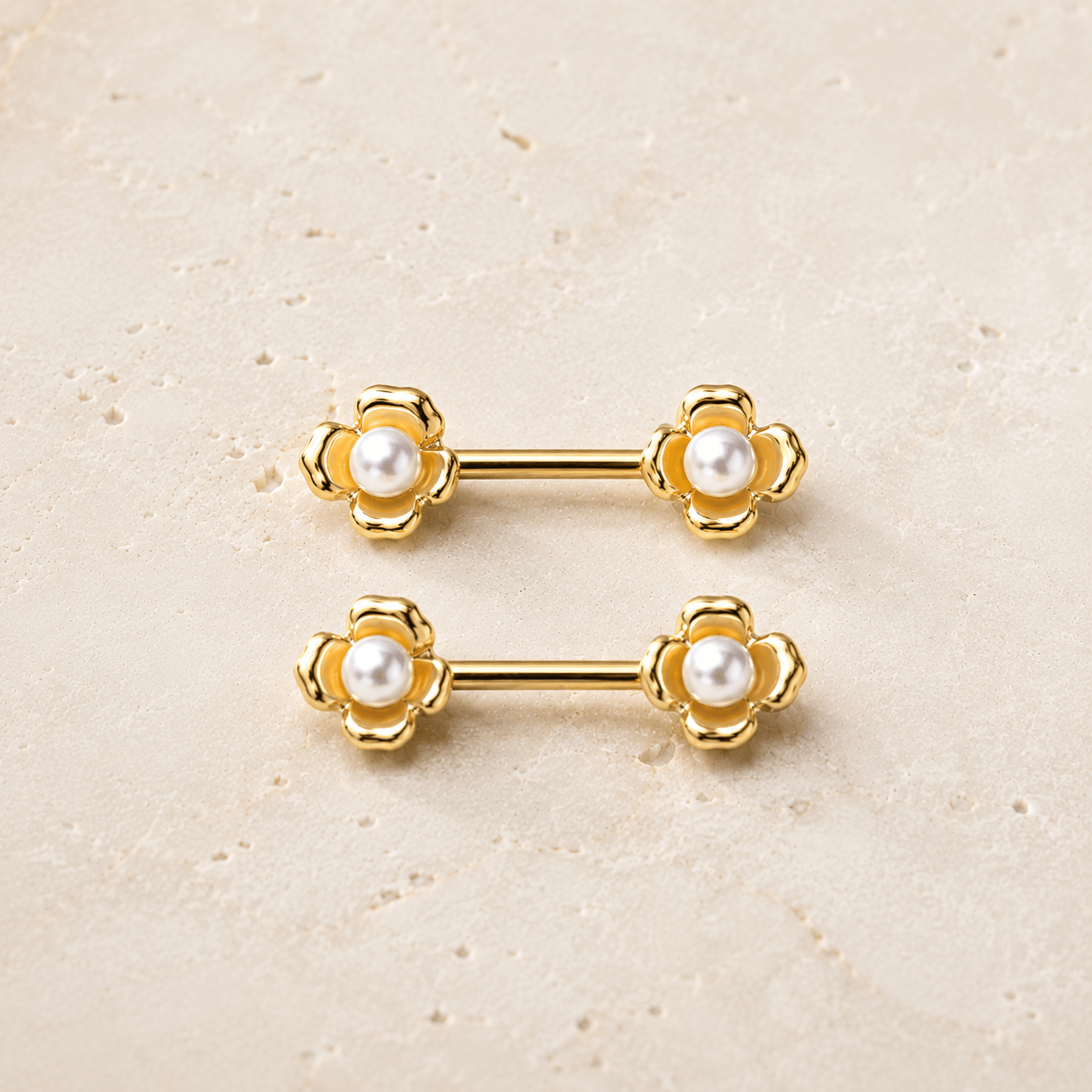 Gold Plated Pearl Accented Flower Nipple Bar
