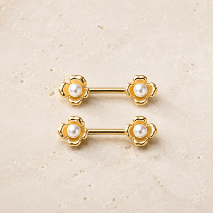 Gold Plated Pearl Accented Flower Nipple Bar