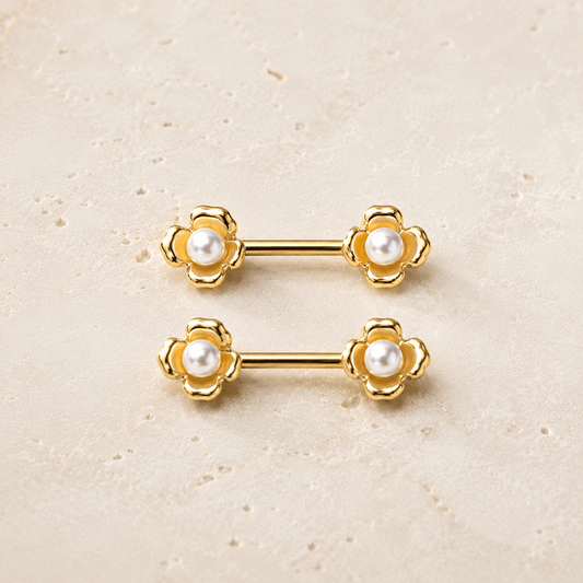 Gold Plated Pearl Accented Flower Nipple Bar