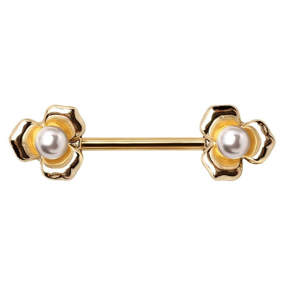 Gold Plated Pearl Accented Flower Nipple Bar Nipple Ring Impulse Piercings